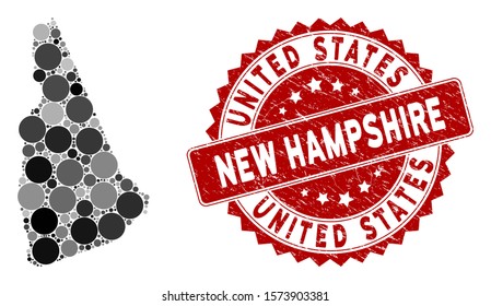 Mosaic New Hampshire State map and round seal. Flat vector New Hampshire State map mosaic of random round elements. Red rubber stamp with grunge style. Designed for political and patriotic collages.
