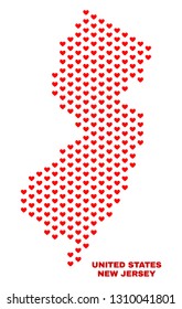Mosaic New Jersey State map of love hearts in red color isolated on a white background. Regular red heart pattern in shape of New Jersey State map. Abstract design for Valentine illustrations.