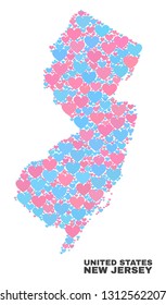 Mosaic New Jersey State map of love hearts in pink and blue colors isolated on a white background. Lovely heart collage in shape of New Jersey State map. Abstract design for Valentine decoration.