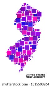 Mosaic New Jersey State map isolated on a white background. Vector geographic abstraction in pink and violet colors. Mosaic of New Jersey State map combined of scattered square items.