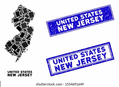 Mosaic New Jersey State map and rectangle seal stamps. Flat vector New Jersey State map mosaic of scattered rotated rectangular elements. Blue caption seal stamps with distress texture.