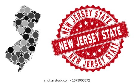 Mosaic New Jersey State map and circle stamp. Flat vector New Jersey State map mosaic of scattered circle elements. Red rubber seal with rubber texture. Designed for political and patriotic agitprop.