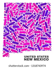 Mosaic New Mexico State map isolated on a white background. Vector geographic abstraction in pink and violet colors. Mosaic of New Mexico State map combined of random circle dots and lines.