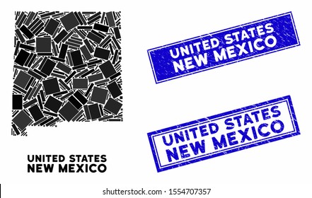 Mosaic New Mexico State map and rectangular rubber prints. Flat vector New Mexico State map mosaic of randomized rotated rectangular elements. Blue caption stamps with rubber textures.