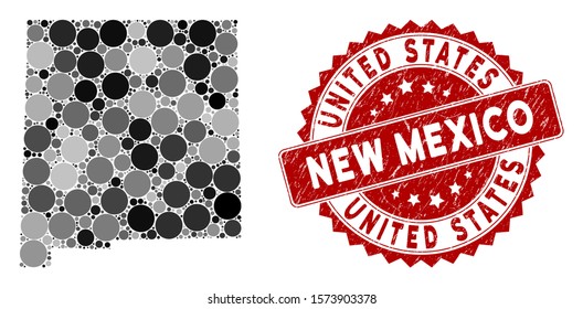 Mosaic New Mexico State map and circle seal stamp. Flat vector New Mexico State map mosaic of random circle elements. Red seal with scratched design. Designed for political and patriotic doctrines.