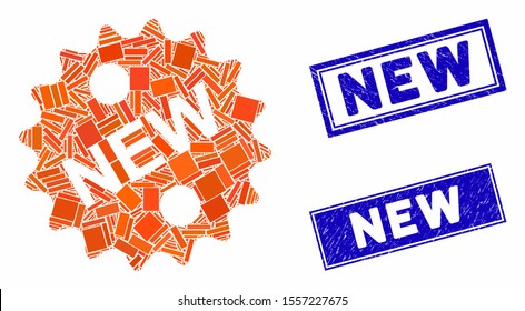 Mosaic new pictogram and rectangular rubber prints. Flat vector new mosaic pictogram of randomized rotated rectangular elements. Blue caption rubber stamps with distress texture.