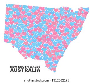 Mosaic New South Wales map of valentine hearts in pink and blue colors isolated on a white background. Lovely heart collage in shape of New South Wales map. Abstract design for Valentine decoration.