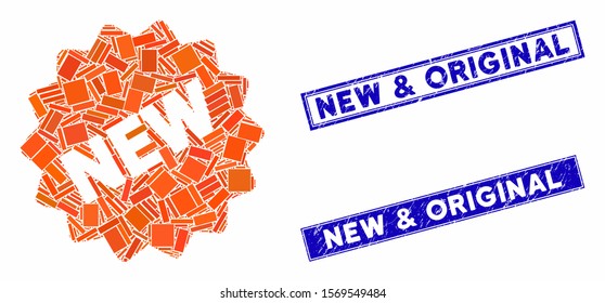 Mosaic new tag pictogram and rectangle rubber prints. Flat vector new tag mosaic pictogram of randomized rotated rectangle items. Blue caption rubber stamps with rubber textures.