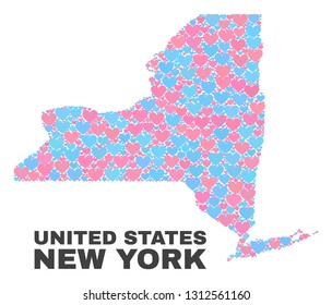 Mosaic New York State map of lovely hearts in pink and blue colors isolated on a white background. Lovely heart collage in shape of New York State map. Abstract design for Valentine decoration.