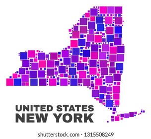 Mosaic New York State map isolated on a white background. Vector geographic abstraction in pink and violet colors. Mosaic of New York State map combined of scattered square elements.