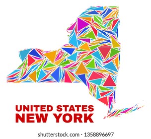 Mosaic New York State map of triangles in bright colors isolated on a white background. Triangular collage in shape of New York State map. Abstract design for patriotic illustrations.