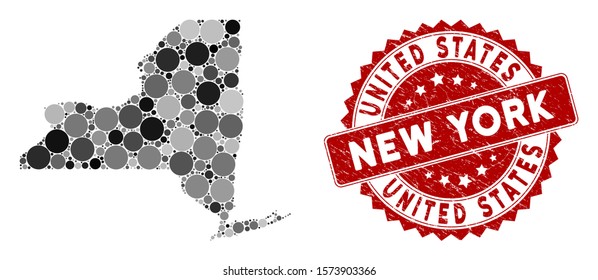 Mosaic New York State map and circle stamp. Flat vector New York State map mosaic of random round items. Red stamp imprint with grunge design. Designed for political and patriotic doctrines.