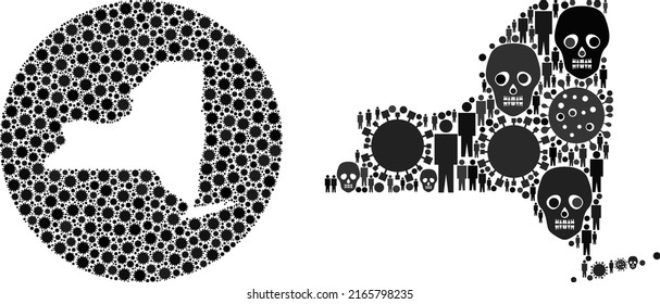 Mosaic New York State map designed from covid infection icons and people and death items. Infection virus New York State map mosaic designed with sphere and subtracted shape.