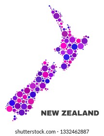 Mosaic New Zealand map isolated on a white background. Vector geographic abstraction in pink and violet colors. Mosaic of New Zealand map combined of scattered circle dots.