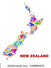Mosaic New Zealand map of triangles in bright colors isolated on a white background. Triangular collage in shape of New Zealand map. Abstract design for patriotic purposes.