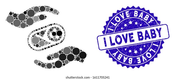 Mosaic newborn care hands icon and corroded stamp seal with I Love Baby text. Mosaic vector is created with newborn care hands icon and with scattered circle items.