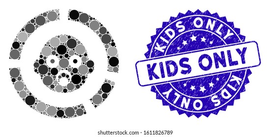 Mosaic newborn diagram icon and distressed stamp seal with Kids Only caption. Mosaic vector is designed with newborn diagram icon and with scattered circle elements. Kids Only stamp uses blue color,