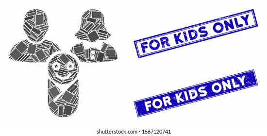 Mosaic newborn pictogram and rectangle rubber prints. Flat vector newborn mosaic pictogram of randomized rotated rectangular elements. Blue caption rubber stamps with scratched surface.