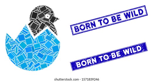 Mosaic newborn pictogram and rectangular Born to Be Wild stamps. Flat vector newborn mosaic icon of scattered rotated rectangular elements. Blue Born to Be Wild stamps with scratched surface.