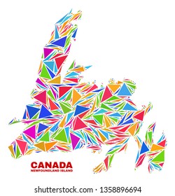 Mosaic Newfoundland Island map of triangles in bright colors isolated on a white background. Triangular collage in shape of Newfoundland Island map. Abstract design for patriotic illustrations.