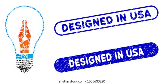 Mosaic news maker bulb and distressed stamp seals with Designed in USA phrase. Mosaic vector news maker bulb is designed with randomized rectangle items. Designed in USA stamp seals use blue color,