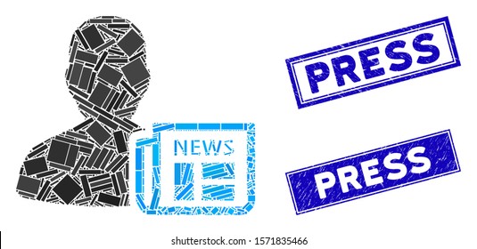 Mosaic newsmaker newspaper icon and rectangular Press stamps. Flat vector newsmaker newspaper mosaic icon of scattered rotated rectangular items. Blue Press seals with rubber surface.