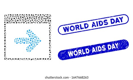 Mosaic next calendar day and distressed stamp seals with World AIDS Day caption. Mosaic vector next calendar day is composed with scattered oval spots. World AIDS Day seals use blue color,