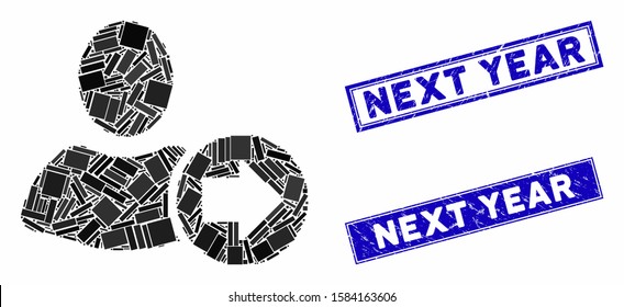 Mosaic next user pictogram and rectangular Next Year rubber prints. Flat vector next user mosaic icon of random rotated rectangular items. Blue Next Year rubber stamps with corroded textures.