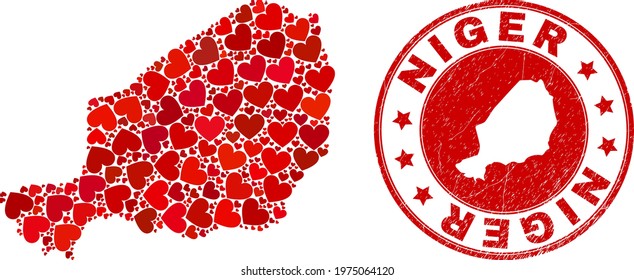 Mosaic Niger map formed with red love hearts, and scratched seal. Vector lovely round red rubber seal stamp imitation with Niger map inside.