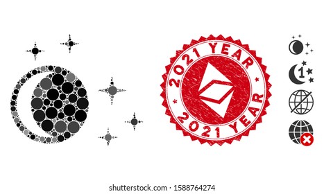 Mosaic night and circle seal stamp. Flat vector night mosaic of randomized circle elements. Red seal stamp with grunged texture. Designed for political and patriotic posters.