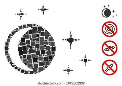 Icono de noche mosaico construido a partir de elementos cuadrados en varios tamaños y tonos de color. Los elementos cuadrados vectoriales se componen en un icono abstracto de noche de mosaico. Se colocan pictogramas bonificados.