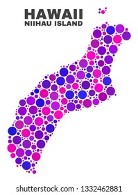 Mosaic Niihau Island map isolated on a white background. Vector geographic abstraction in pink and violet colors. Mosaic of Niihau Island map combined of scattered spheric items.