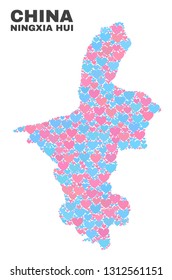 Mosaic Ningxia Hui Region map of love hearts in pink and blue colors isolated on a white background. Lovely heart collage in shape of Ningxia Hui Region map. Abstract design for Valentine decoration.