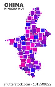 Mosaic Ningxia Hui Region map isolated on a white background. Vector geographic abstraction in pink and violet colors. Mosaic of Ningxia Hui Region map combined of random small squares.