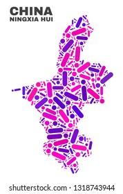 Mosaic Ningxia Hui Region map isolated on a white background. Vector geographic abstraction in pink and violet colors. Mosaic of Ningxia Hui Region map combined of scattered circle dots and lines.