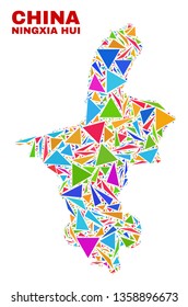 Mosaic Ningxia Hui Region map of triangles in bright colors isolated on a white background. Triangular collage in shape of Ningxia Hui Region map. Abstract design for patriotic purposes.