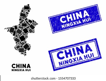 Mosaic Ningxia Hui Region map and rectangular seal stamps. Flat vector Ningxia Hui Region map mosaic of randomized rotated rectangle items. Blue caption seal stamps with distress textures.