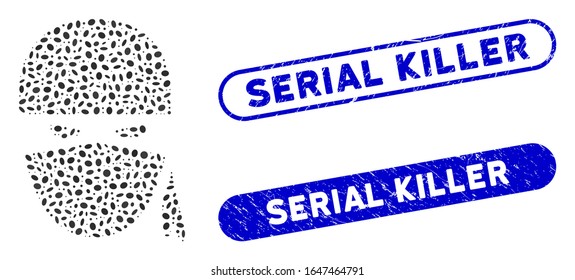 Mosaic ninja head and corroded stamp seals with Serial Killer phrase. Mosaic vector ninja head is formed with randomized ellipse items. Serial Killer stamp seals use blue color,