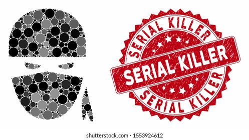 Mosaic ninja head and rubber stamp seal with Serial Killer phrase. Mosaic vector is composed with ninja head icon and with scattered spheric spots. Serial Killer stamp uses red color,