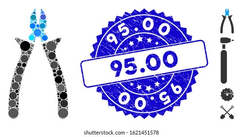 Mosaic nippers icon and grunge stamp seal with 95.00 caption. Mosaic vector is composed with nippers pictogram and with randomized round spots. 95.00 stamp seal uses blue color, and grunge surface.