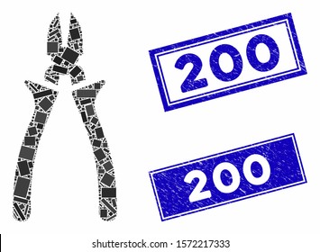 Mosaic nippers icon and rectangle 200 rubber prints. Flat vector nippers mosaic icon of scattered rotated rectangular elements. Blue 200 rubber stamps with grunged surface.