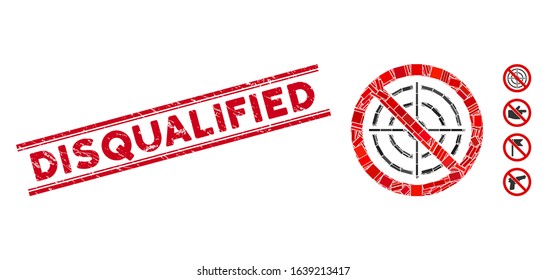 Mosaic no aim icon and red Disqualified stamp between double parallel lines. Flat vector no aim mosaic pictogram of random rotated rectangle elements.