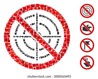 Mosaic No aim icon united from square items in random sizes and color hues. Vector square elements are composed into abstract mosaic no aim icon. Bonus pictograms are added.