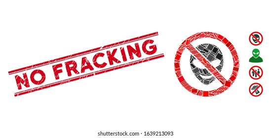 Mosaic no alien pictogram and red No Fracking seal between double parallel lines. Flat vector no alien mosaic pictogram of randomized rotated rectangular elements.