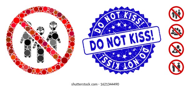Mosaic no aliens icon and rubber stamp seal with Do Not Kiss! caption. Mosaic vector is formed with no aliens pictogram and with random round spots. Do Not Kiss! stamp seal uses blue color,