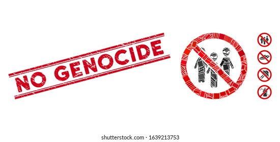 Mosaic no aliens pictogram and red No Genocide seal between double parallel lines. Flat vector no aliens mosaic pictogram of randomized rotated rectangular elements.