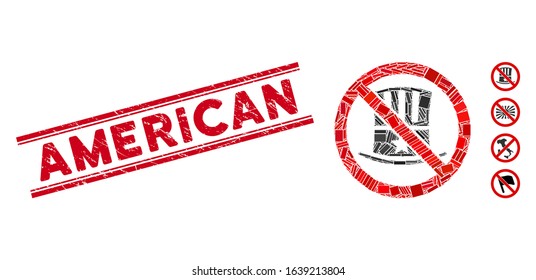Mosaic no american pictogram and red American seal stamp between double parallel lines. Flat vector no american mosaic pictogram of randomized rotated rectangular elements.