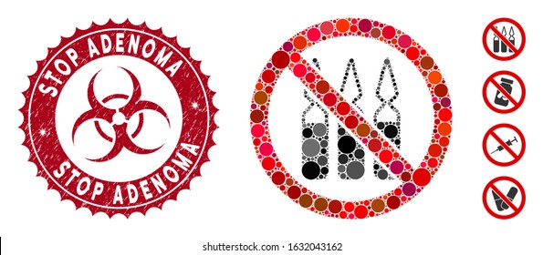 Mosaic no ampoules icon and rubber stamp watermark with Stop Adenoma phrase and biohazard symbol. Mosaic vector is composed with no ampoules icon and with randomized round spots.