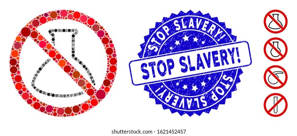 Mosaic no analysis retort icon and distressed stamp seal with Stop Slavery! text. Mosaic vector is composed with no analysis retort icon and with randomized spheric elements.
