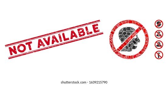 Mosaic no angry person pictogram and red Not Available seal between double parallel lines. Flat vector no angry person mosaic pictogram of scattered rotated rectangle items.
